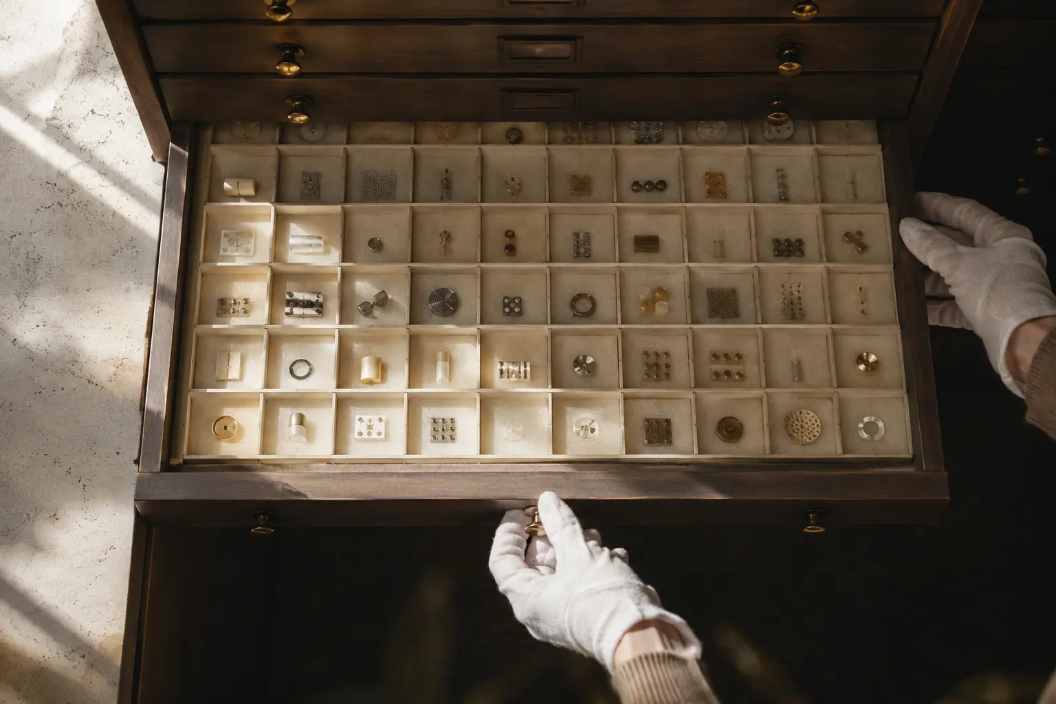 An archivist opening a specimen drawer of technology objects