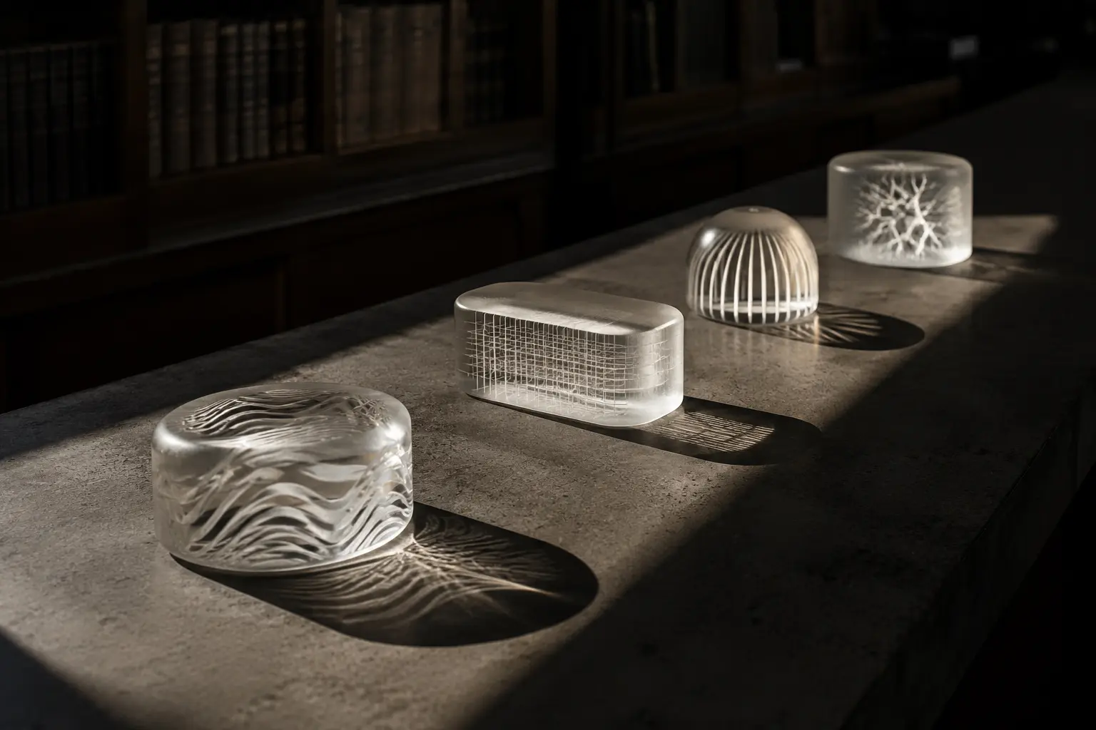 Four translucent signal objects casting colored shadows