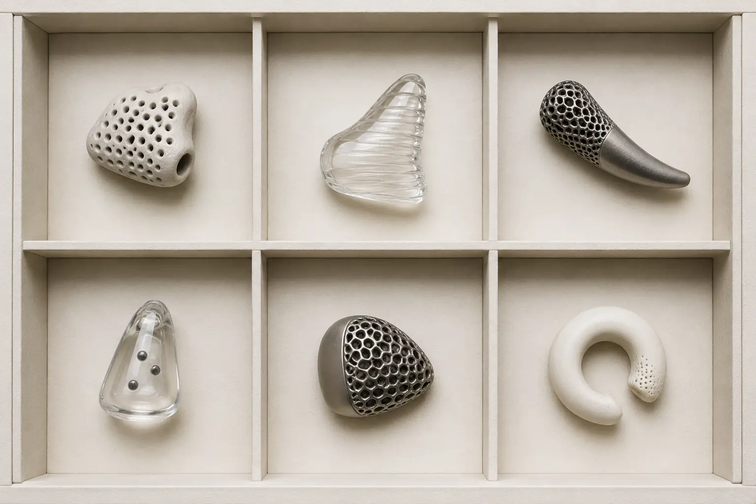 Six inert speculative material prototypes arranged as an archive grid